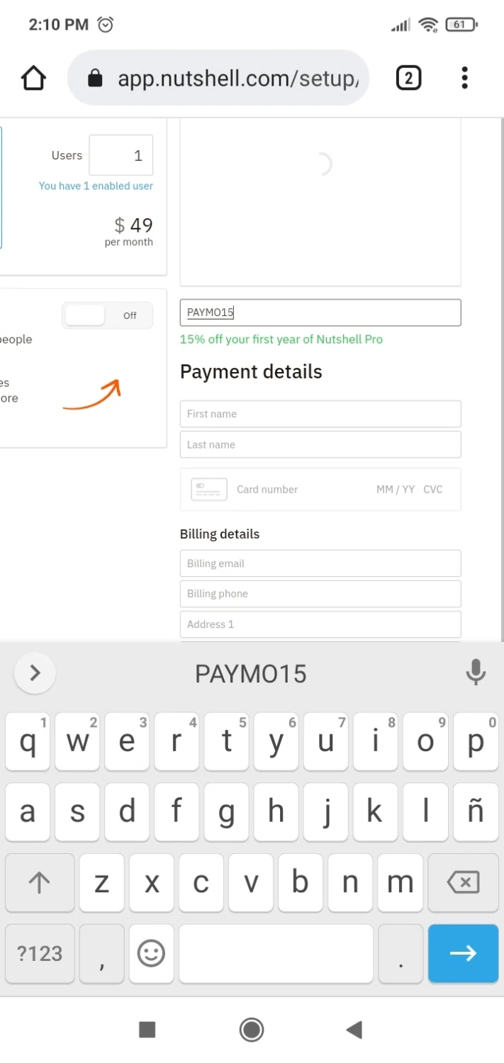 Nutshell checkout page showing Nutshell coupon code box | Screenshot taken by SimplyCodes community member on Jun 27, 2022