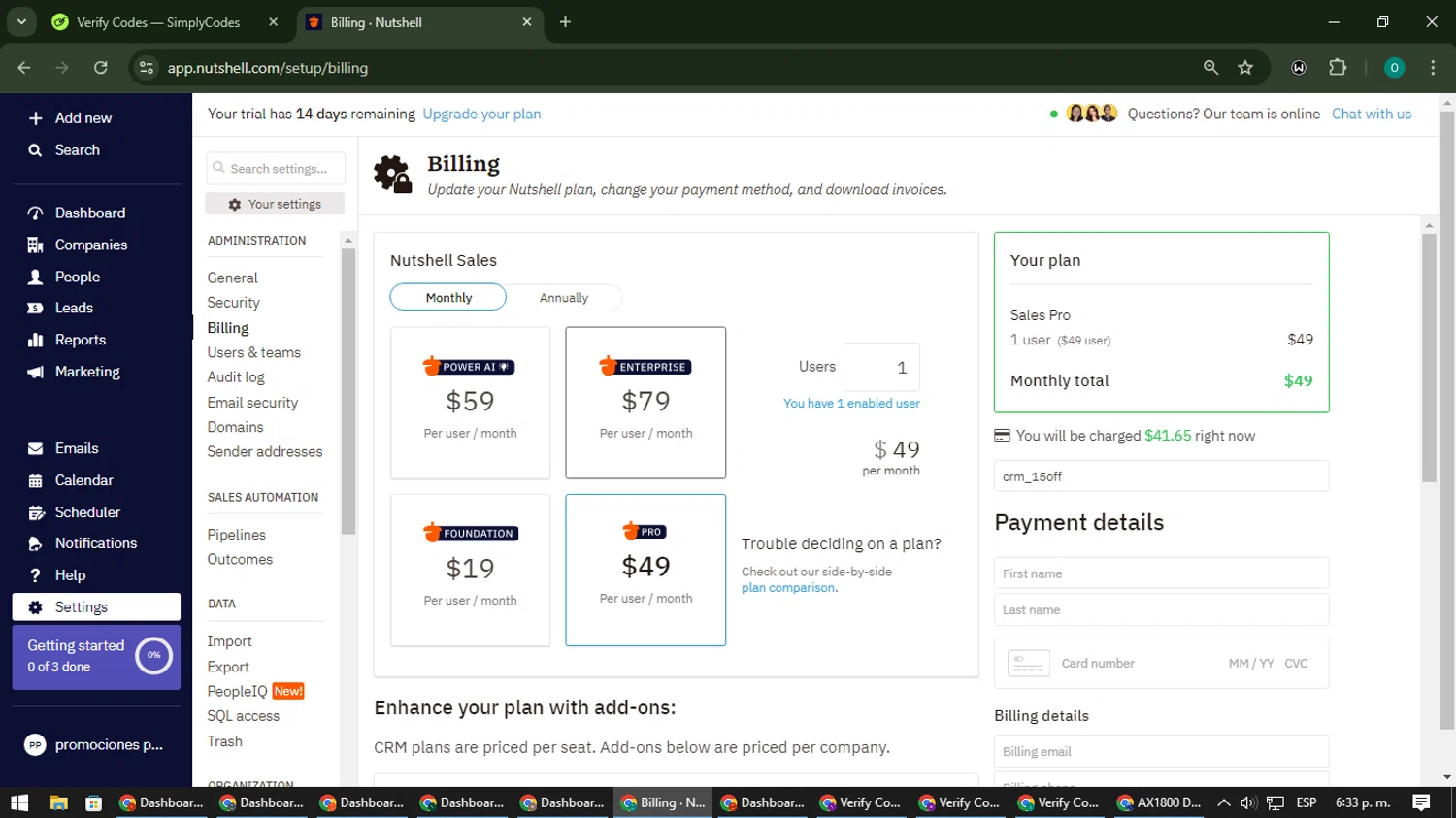 Nutshell checkout page showing Nutshell coupon code box | Screenshot taken by SimplyCodes community member on Aug 9, 2024