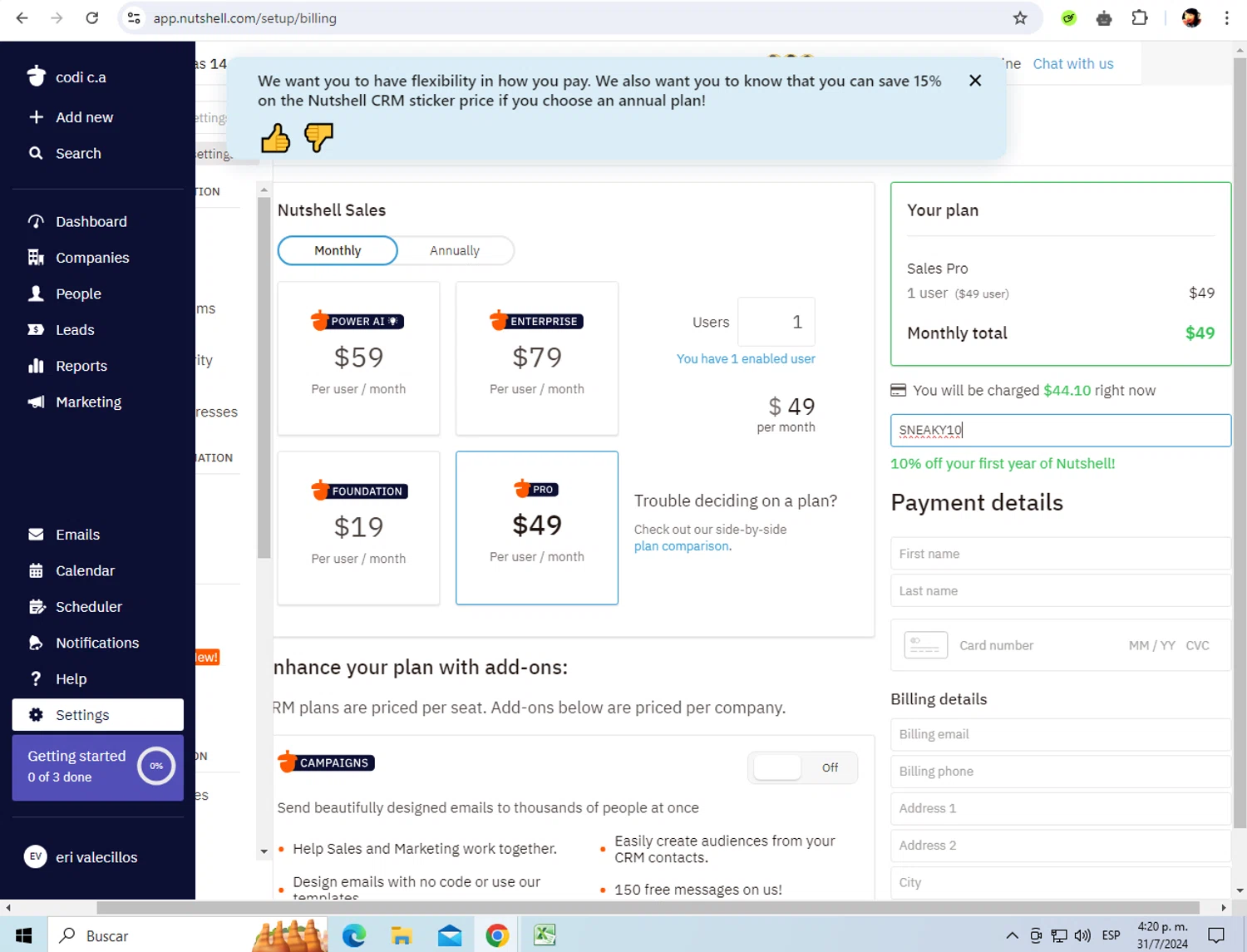 Nutshell coupon code screenshot showing code SNEAKY10 applied at Nutshell checkout page. Uploaded by SimplyCodes community member ERI0810 on Jul 31, 2024