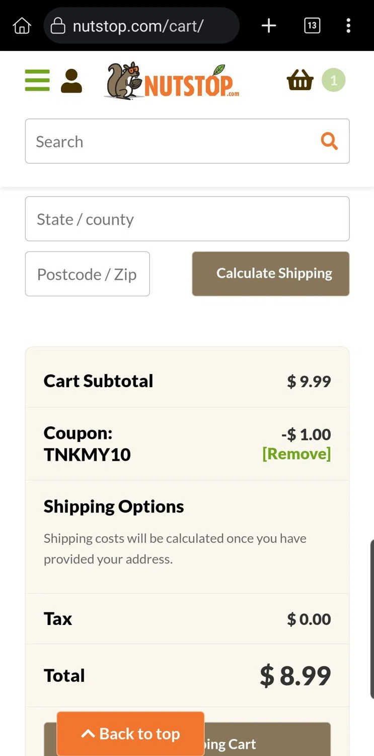 Nutstop.com promo code screenshot showing code TNKMY10 applied at Nutstop.com checkout page. Uploaded by SimplyCodes community member Carloslvz on Jun 28, 2025
