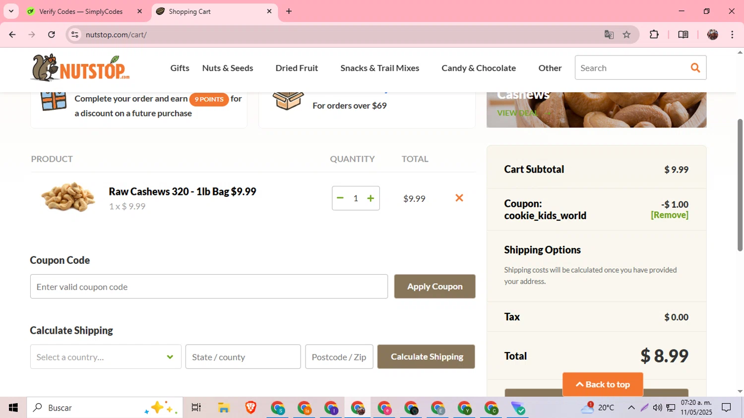 Nutstop.com promo code screenshot showing code COOKIE_KIDS_WORLD applied at Nutstop.com checkout page. Uploaded by SimplyCodes community member BargainExpert9390 on May 11, 2025
