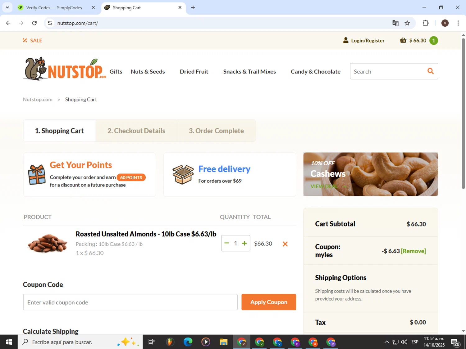 Nutstop.com promo code screenshot showing code MYLES applied at Nutstop.com checkout page. Uploaded by SimplyCodes community member CashLion3448 on Oct 14, 2025