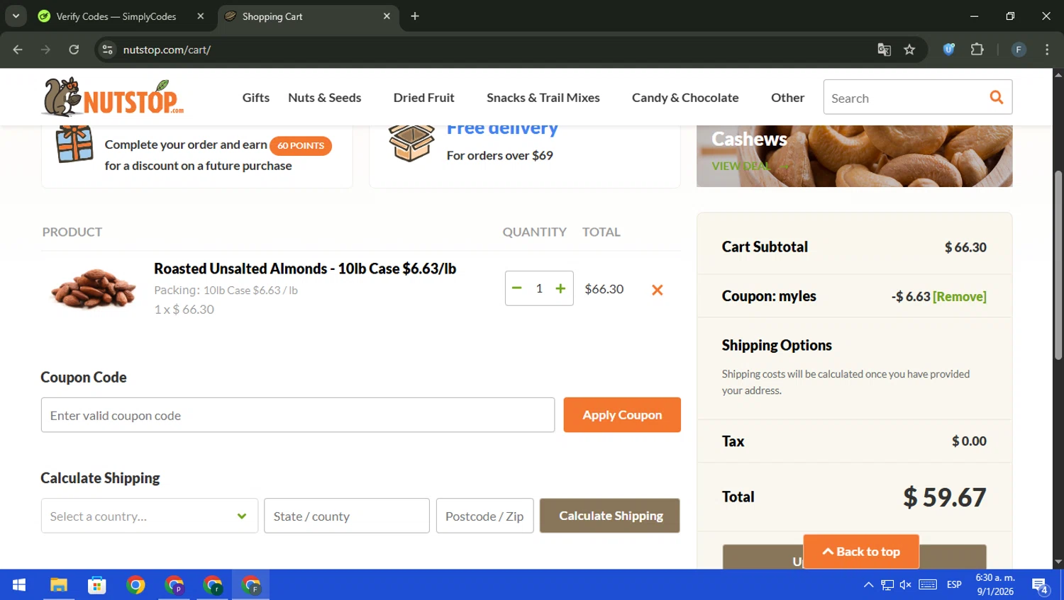 Nutstop.com checkout page showing Nutstop.com promo code box | Screenshot taken by SimplyCodes community member on Jan 9, 2026