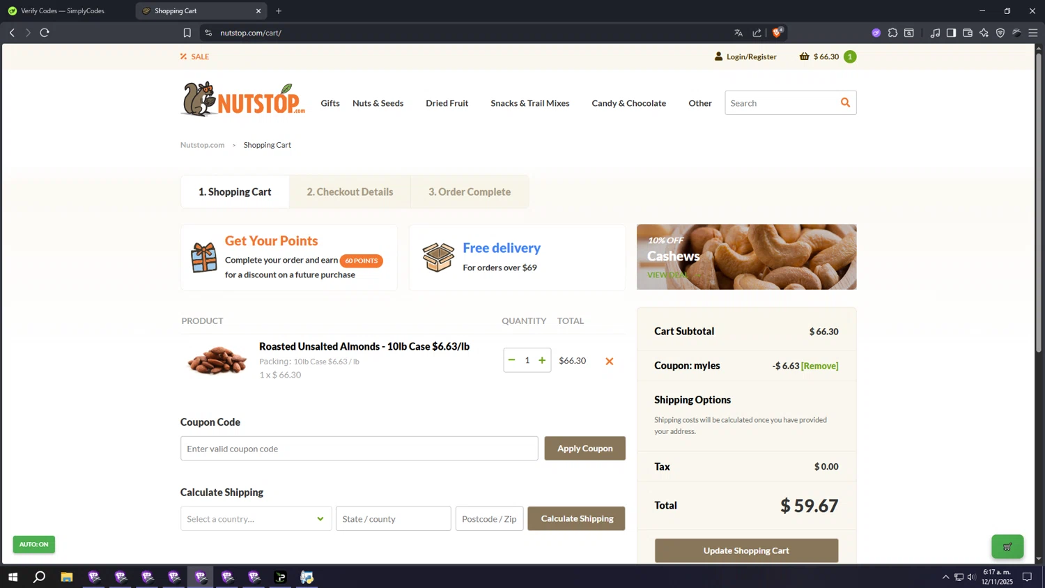 Nutstop.com promo code screenshot showing code MYLES applied at Nutstop.com checkout page. Uploaded by SimplyCodes community member sssssssssssssssssss on Nov 12, 2025