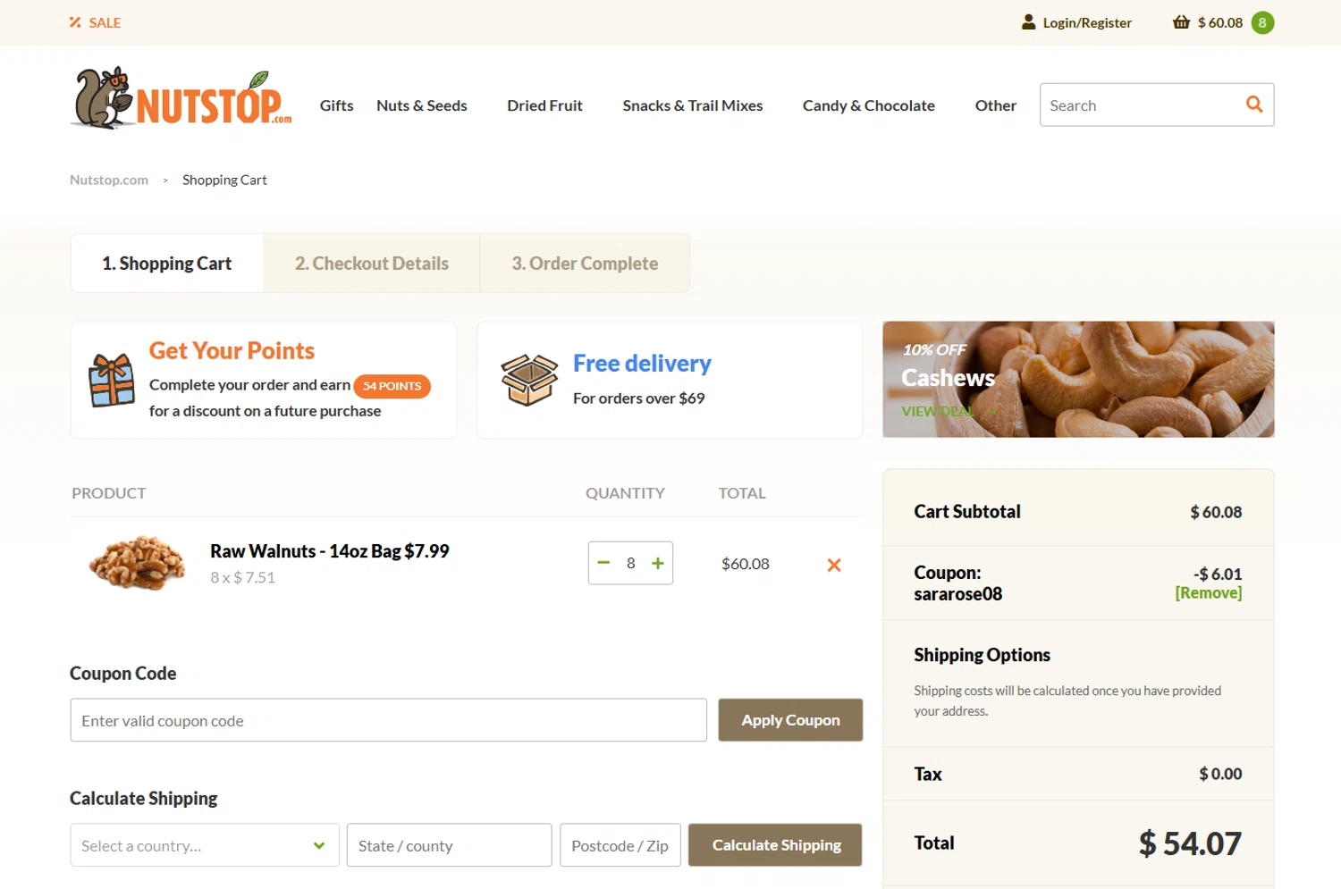 Nutstop.com checkout page showing Nutstop.com promo code box | Screenshot taken by SimplyCodes community member on Jan 9, 2026