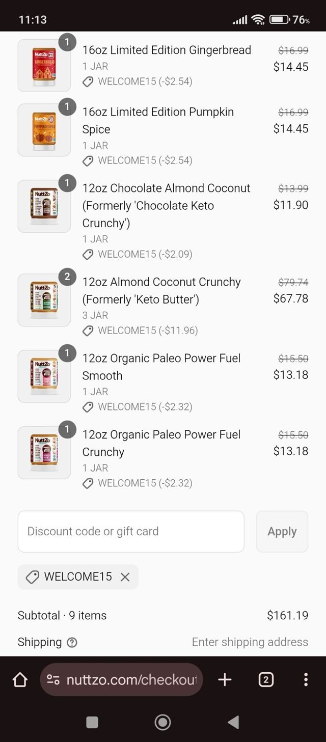 NuttZo checkout page showing NuttZo promo code box | Screenshot taken by SimplyCodes community member on Aug 31, 2025