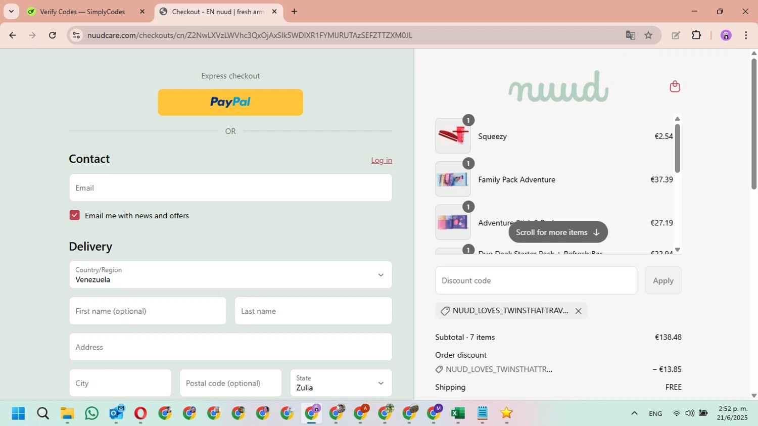 Nuud Care discount code screenshot showing code NUUD_LOVES_TWINSTHATTRAVEL applied at Nuud Care checkout page. Uploaded by SimplyCodes community member MariAPB on Jun 21, 2025
