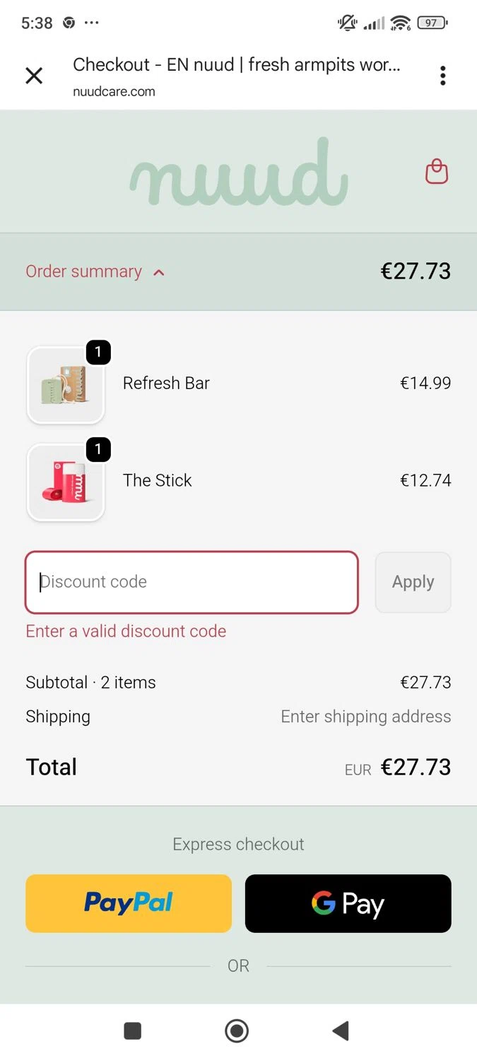 Nuud Care discount code screenshot showing code NO_JINGLE_SMELLS applied at Nuud Care checkout page. Uploaded by SimplyCodes community member ShieldWhiz4659 on Nov 24, 2025