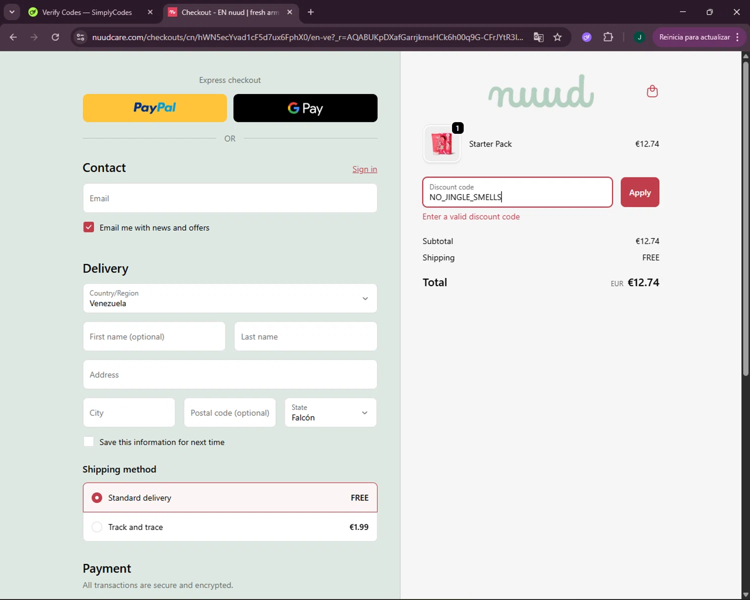 Nuud Care discount code screenshot showing code NO_JINGLE_SMELLS applied at Nuud Care checkout page. Uploaded by SimplyCodes community member VictoriousOwl2774 on Nov 24, 2025