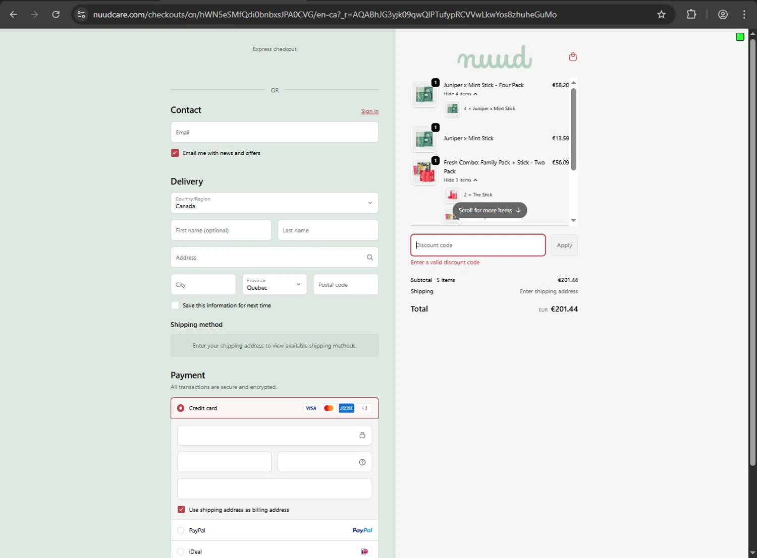 Nuud Care discount code screenshot showing code NUUD_LOVES_DISCOUNT_10 applied at Nuud Care checkout page. Uploaded by SimplyCodes community member RINITOSHI on Nov 24, 2025