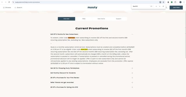 Nuuly checkout page showing Nuuly promo code box | Screenshot taken by SimplyCodes community member on Jul 30, 2025