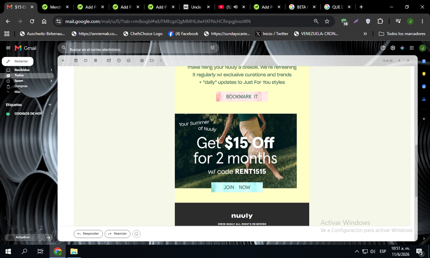 Nuuly promo code screenshot showing code RENT1515 applied at Nuuly checkout page. Uploaded by SimplyCodes community member Codehunter on Jun 11, 2026