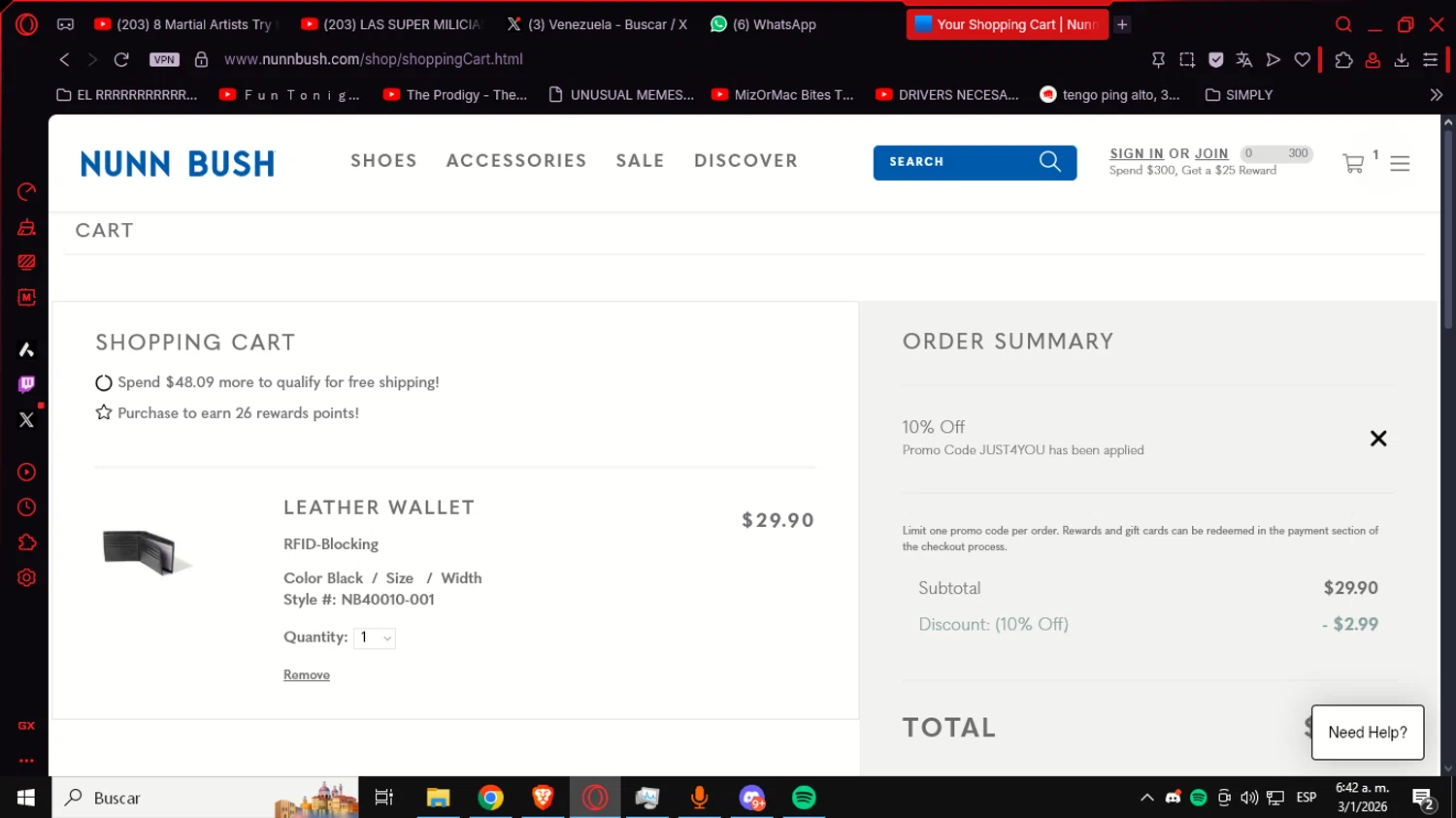 Nunn Bush checkout page showing Nunn Bush promo code box | Screenshot taken by SimplyCodes community member on Jan 3, 2026