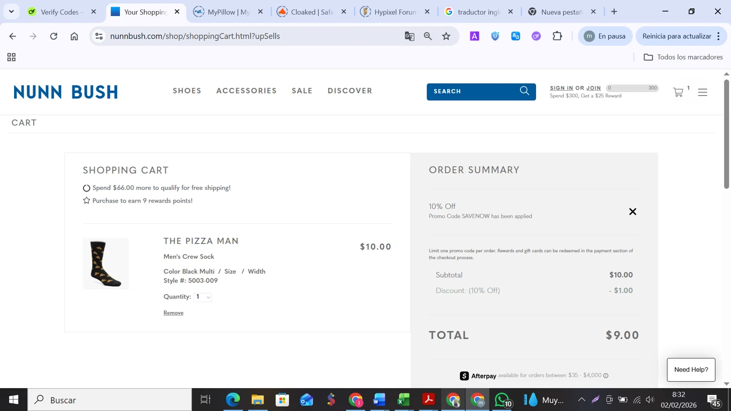 Nunn Bush checkout page showing Nunn Bush promo code box | Screenshot taken by SimplyCodes community member on Feb 2, 2026