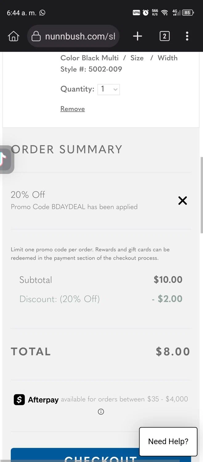 Nunn Bush promo code screenshot showing code BDAYDEAL applied at Nunn Bush checkout page. Uploaded by SimplyCodes community member Diego_Soto on Jan 3, 2026