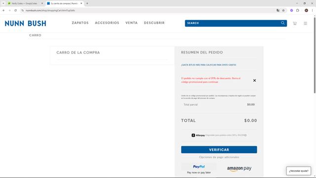 Nunn Bush checkout page showing Nunn Bush promo code box | Screenshot taken by SimplyCodes community member on Aug 11, 2025