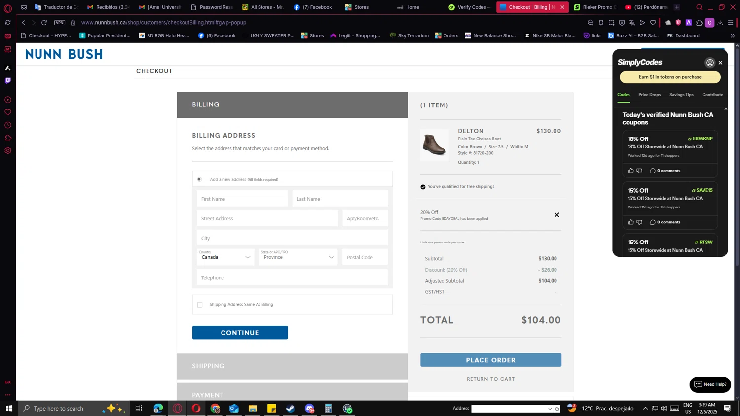 Nunn Bush promo code screenshot showing code BDAYDEAL applied at Nunn Bush checkout page. Uploaded by SimplyCodes community member PrimeMaverick5747 on Dec 5, 2025