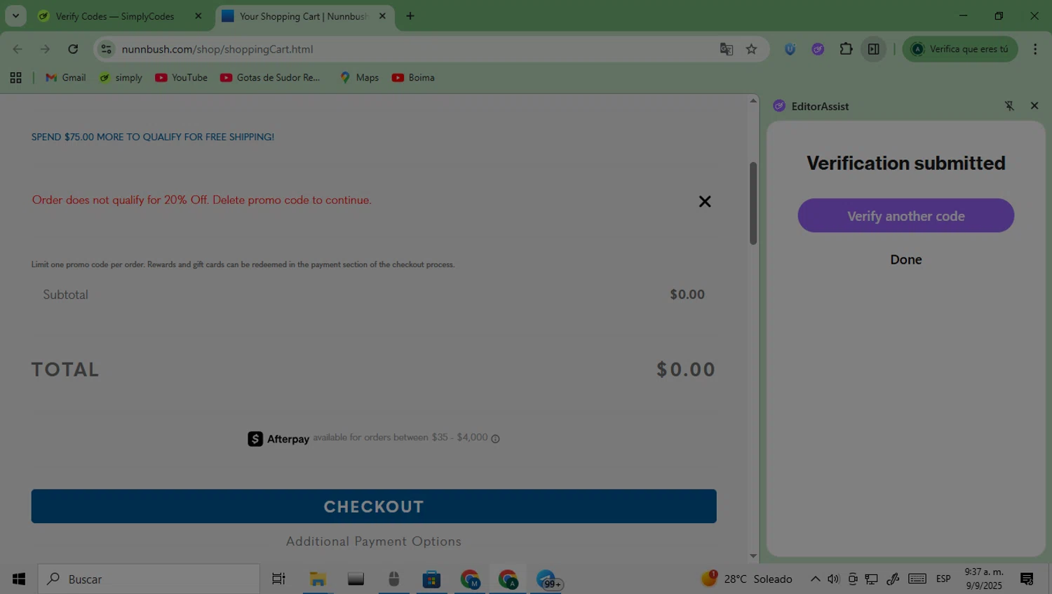 Nunn Bush promo code screenshot showing code BDAYDEAL applied at Nunn Bush checkout page. Uploaded by SimplyCodes community member Saturno on Sep 9, 2025
