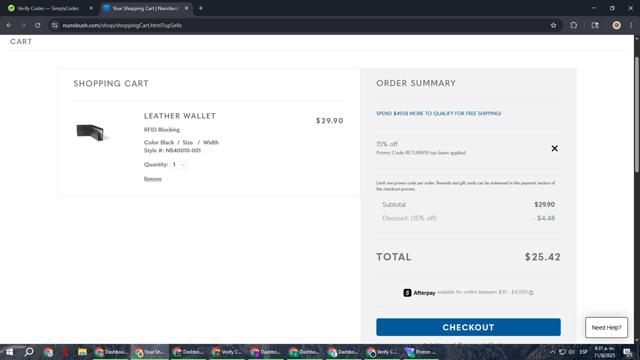 Nunn Bush checkout page showing Nunn Bush promo code box | Screenshot taken by SimplyCodes community member on Aug 11, 2025