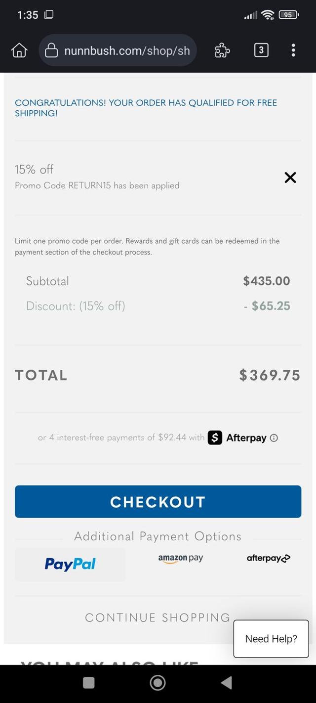 Nunn Bush checkout page showing Nunn Bush promo code box | Screenshot taken by SimplyCodes community member on Jul 19, 2025