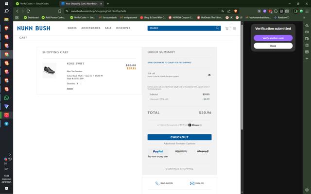 Nunn Bush checkout page showing Nunn Bush promo code box | Screenshot taken by SimplyCodes community member on Sep 24, 2025