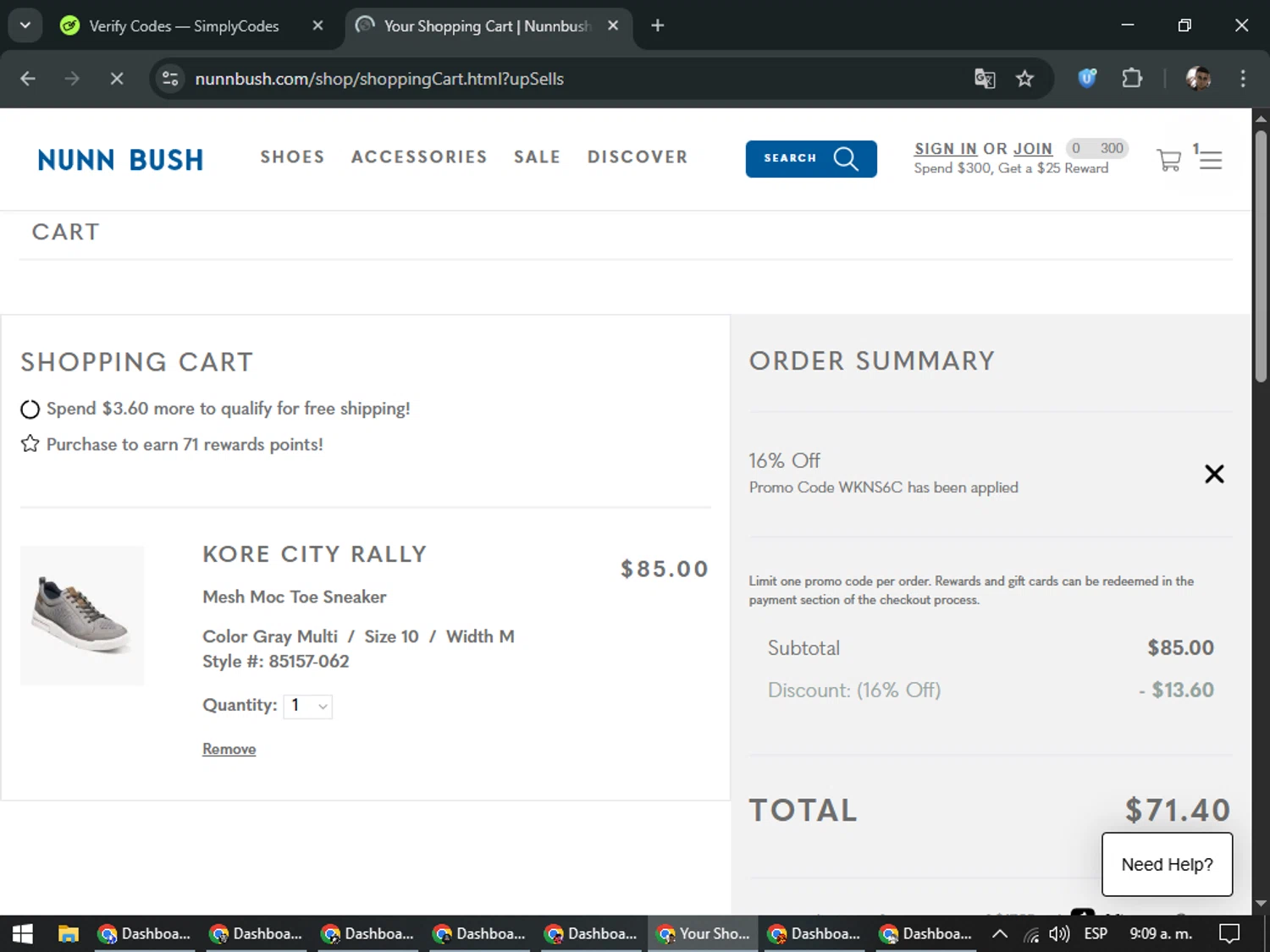 Nunn Bush promo code screenshot showing code WKNS6C applied at Nunn Bush checkout page. Uploaded by SimplyCodes community member DiscountSeeker682 on Feb 2, 2026