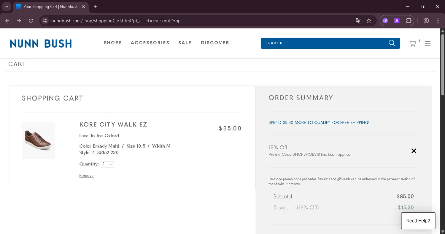 Nunn Bush promo code screenshot showing code SHOPSHOES18 applied at Nunn Bush checkout page. Uploaded by SimplyCodes community member MARICORI on Aug 11, 2025