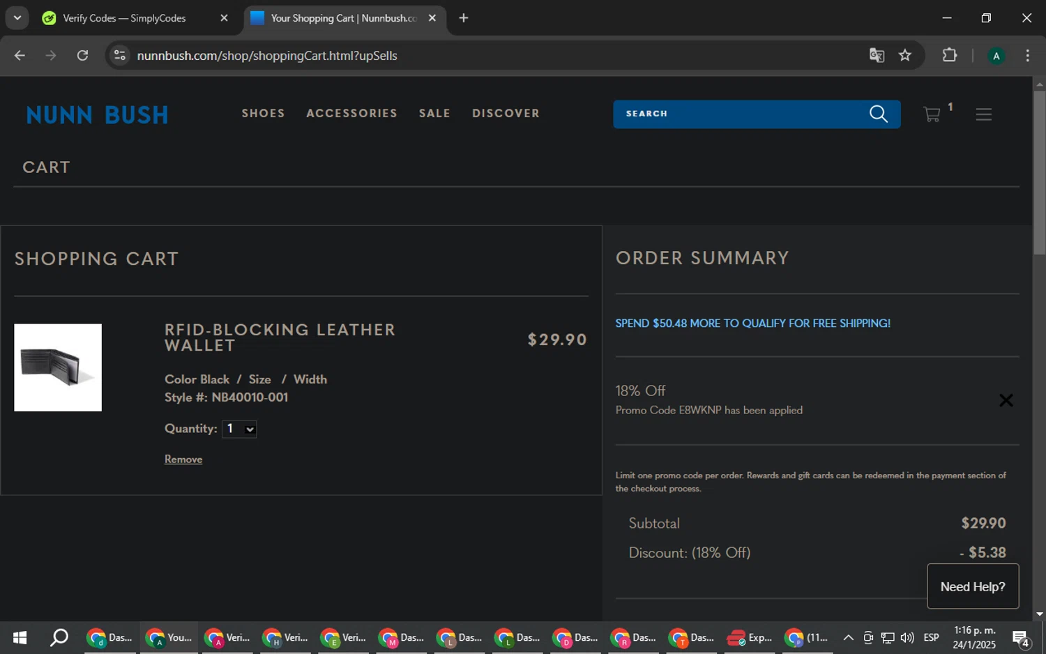 Nunn Bush promo code screenshot showing code E8WKNP applied at Nunn Bush checkout page. Uploaded by SimplyCodes community member HAOJIN on Jan 24, 2025
