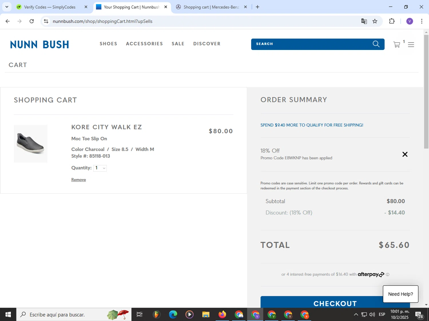 Nunn Bush promo code screenshot showing code E8WKNP applied at Nunn Bush checkout page. Uploaded by SimplyCodes community member Satoru_gojo on Feb 11, 2025