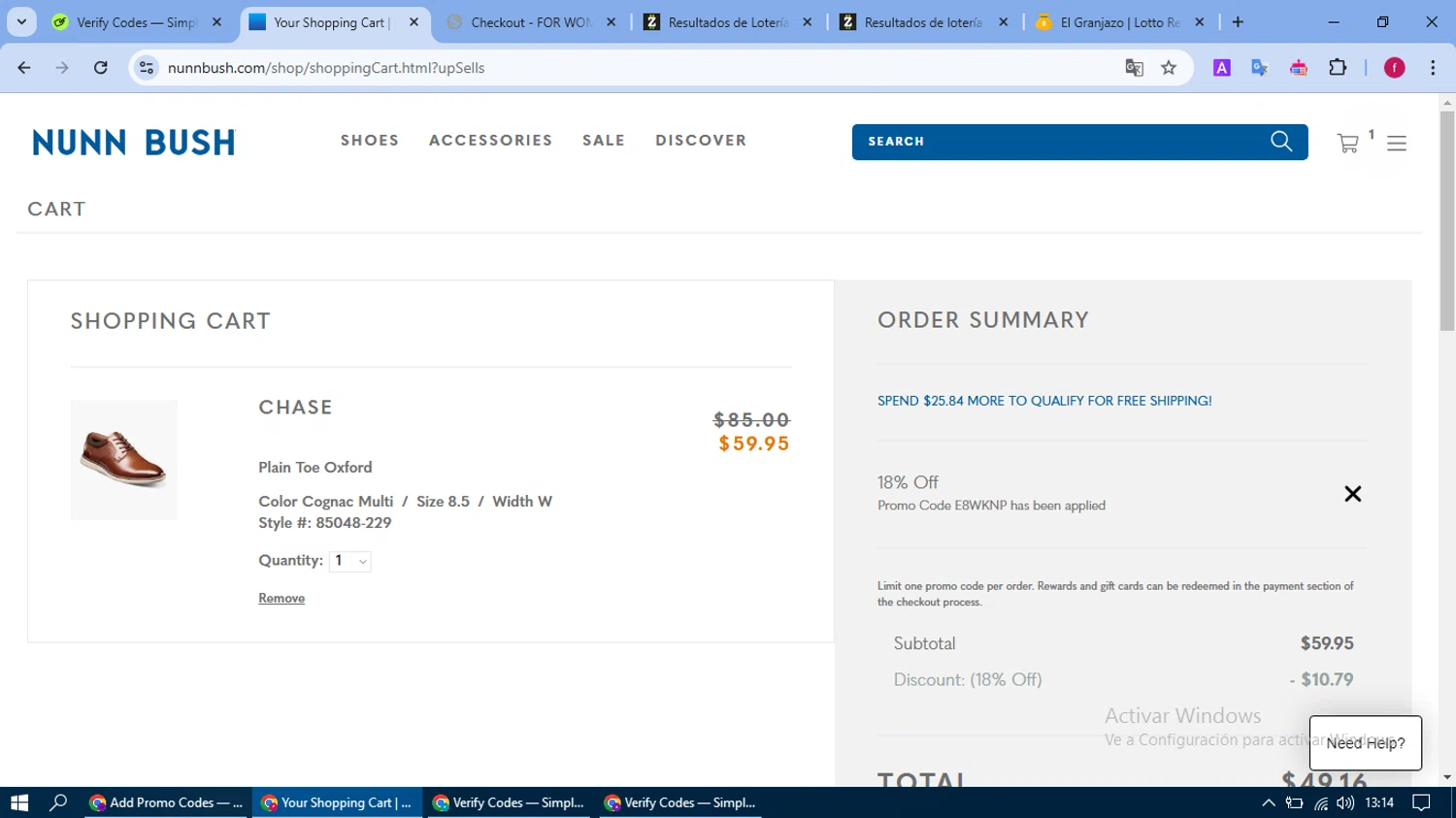 Nunn Bush promo code screenshot showing code E8WKNP applied at Nunn Bush checkout page. Uploaded by SimplyCodes community member fausguillermo on Jan 24, 2025