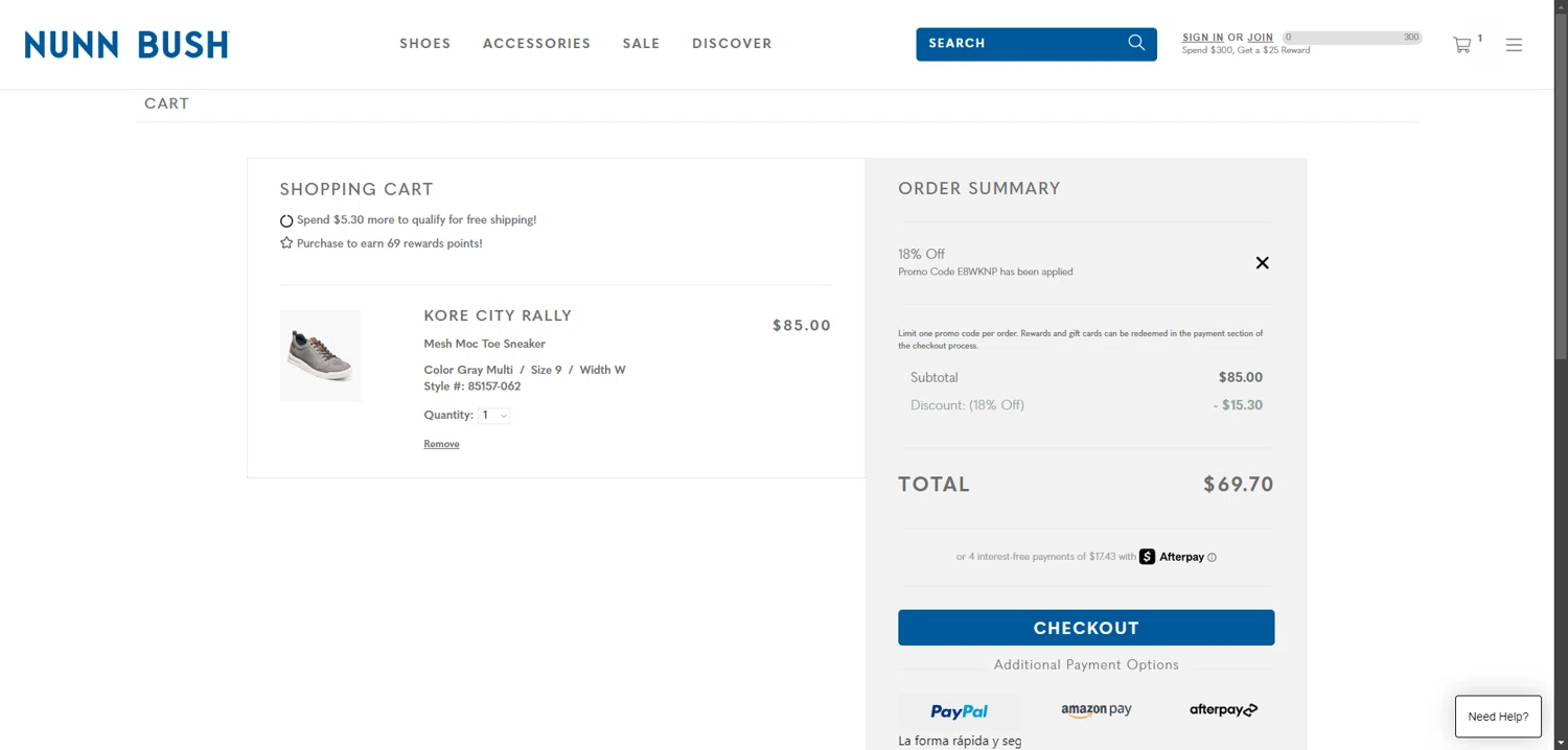 Nunn Bush checkout page showing Nunn Bush promo code box | Screenshot taken by SimplyCodes community member on Feb 14, 2026