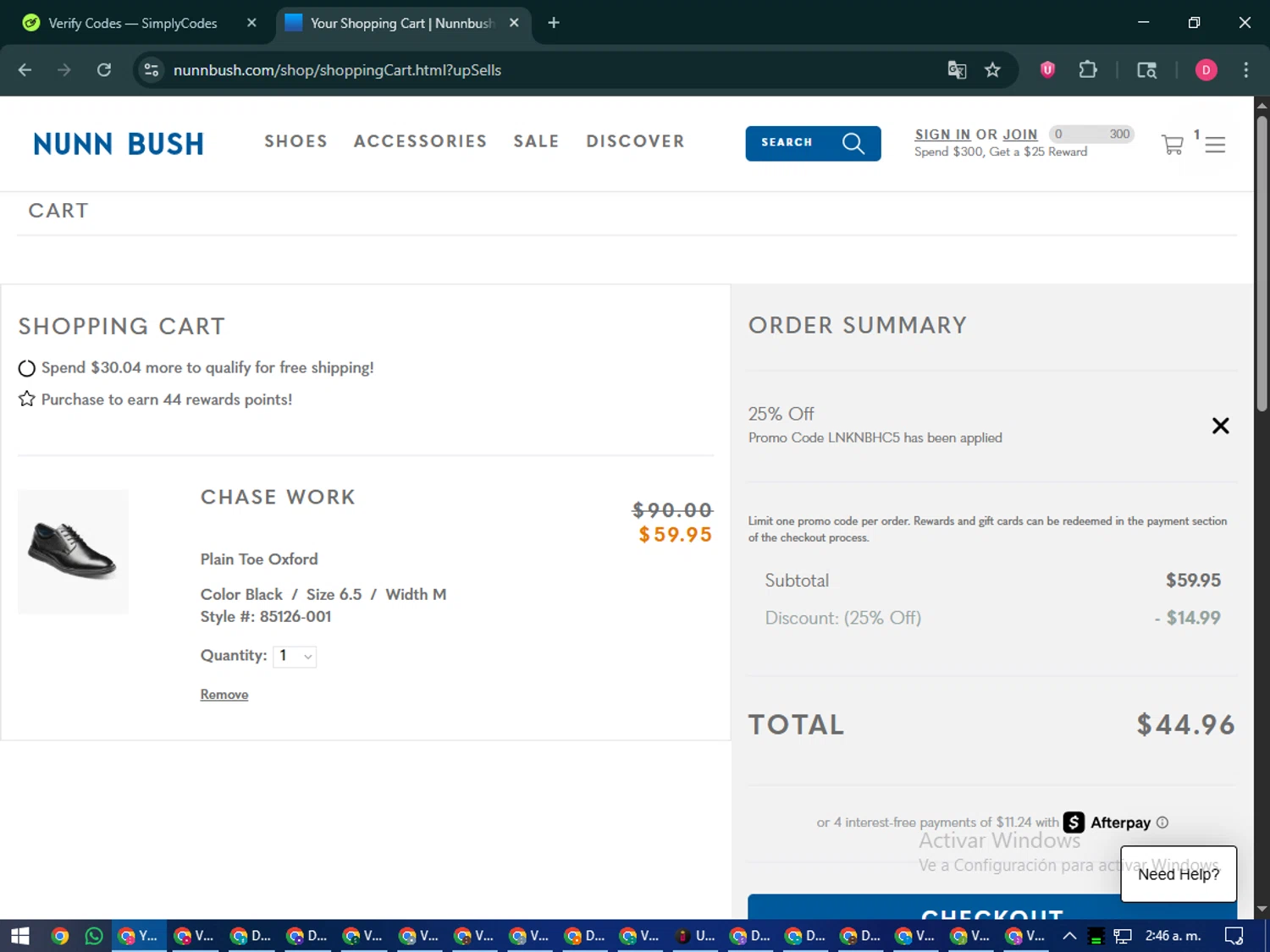 Nunn Bush promo code screenshot showing code LNKNBHC5 applied at Nunn Bush checkout page. Uploaded by SimplyCodes community member MoneySeeker7165 on Nov 7, 2025