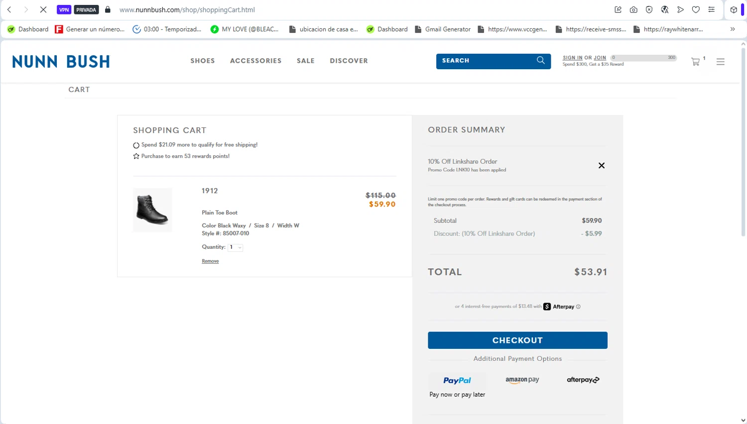 Nunn Bush checkout page showing Nunn Bush promo code box | Screenshot taken by SimplyCodes community member on Jan 11, 2026