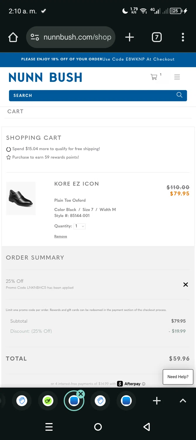Nunn Bush promo code screenshot showing code LNKNBHC5 applied at Nunn Bush checkout page. Uploaded by SimplyCodes community member Eltoro20 on Nov 7, 2025