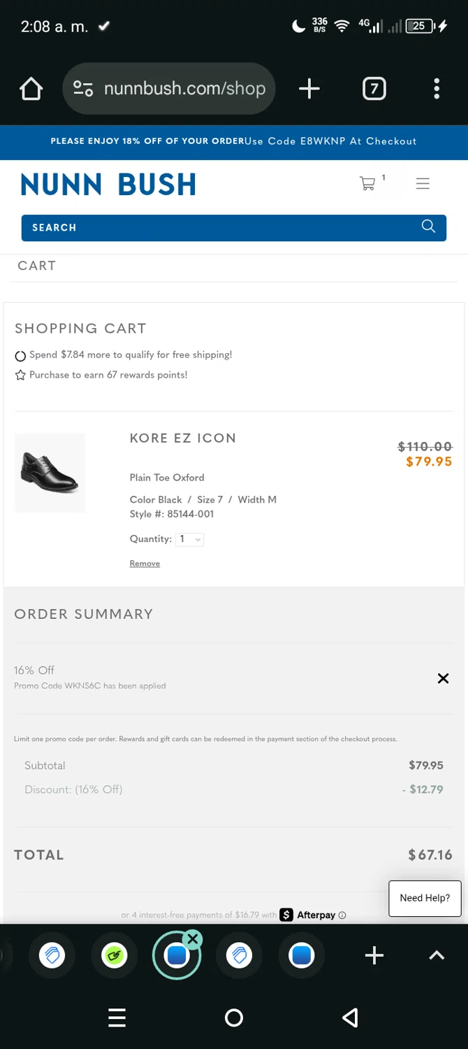 Nunn Bush promo code screenshot showing code WKNS6C applied at Nunn Bush checkout page. Uploaded by SimplyCodes community member Eltoro20 on Nov 7, 2025