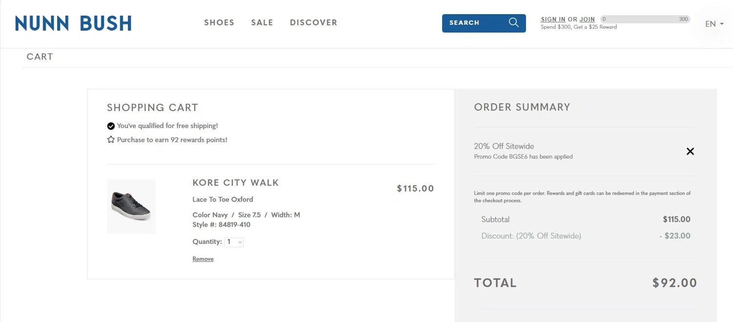 Nunn Bush promo code screenshot showing code BGSE6 applied at Nunn Bush checkout page. Uploaded by SimplyCodes community member RoYoK88 on Feb 24, 2026