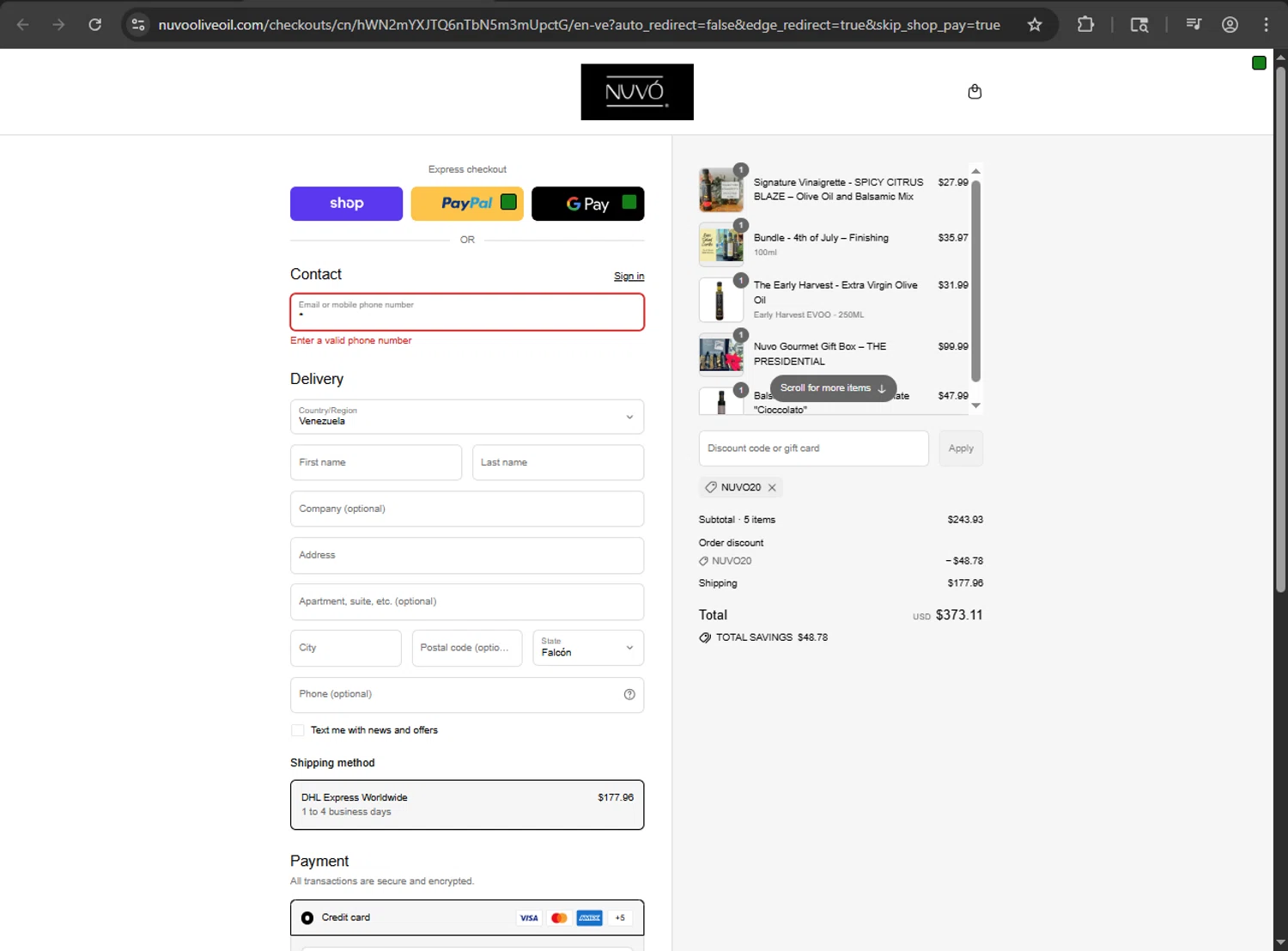 Nuvo Olive Oil promo code screenshot showing code NUVO20 applied at Nuvo Olive Oil checkout page. Uploaded by SimplyCodes community member ShrewdDefender8496 on Sep 9, 2025