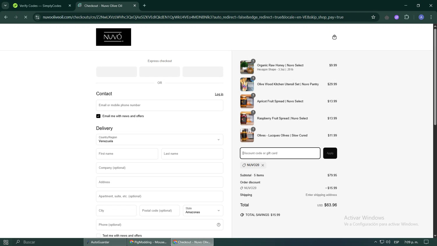 Nuvo Olive Oil promo code screenshot showing code NUVO20 applied at Nuvo Olive Oil checkout page. Uploaded by SimplyCodes community member GoldScout8925 on May 18, 2025