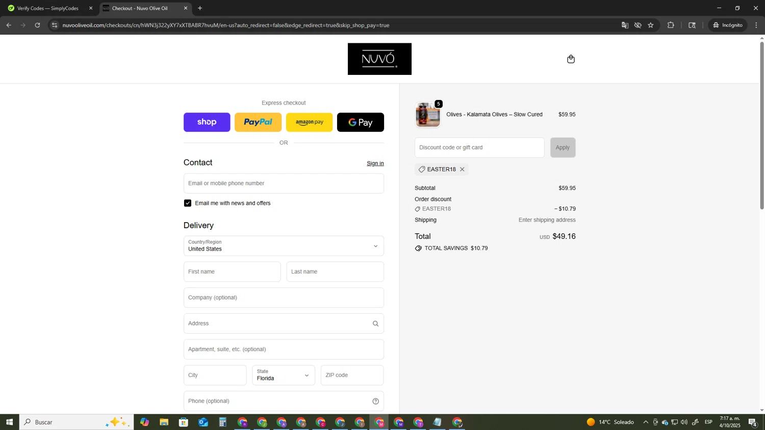 Nuvo Olive Oil promo code screenshot showing code EASTER18 applied at Nuvo Olive Oil checkout page. Uploaded by SimplyCodes community member CBR600 on Oct 4, 2025