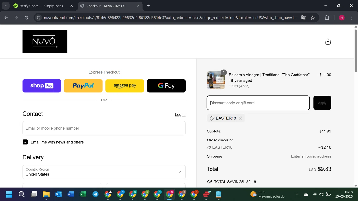 Nuvo Olive Oil promo code screenshot showing code EASTER18 applied at Nuvo Olive Oil checkout page. Uploaded by SimplyCodes community member FortunateVirtuoso9599 on Mar 15, 2025