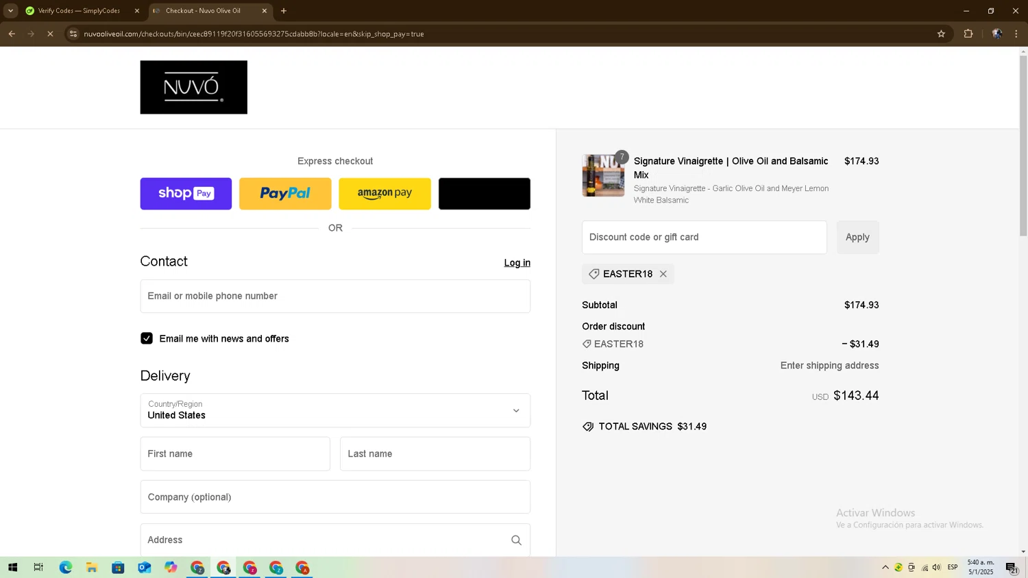 Nuvo Olive Oil promo code screenshot showing code EASTER18 applied at Nuvo Olive Oil checkout page. Uploaded by SimplyCodes community member zadquiel on Jan 5, 2025