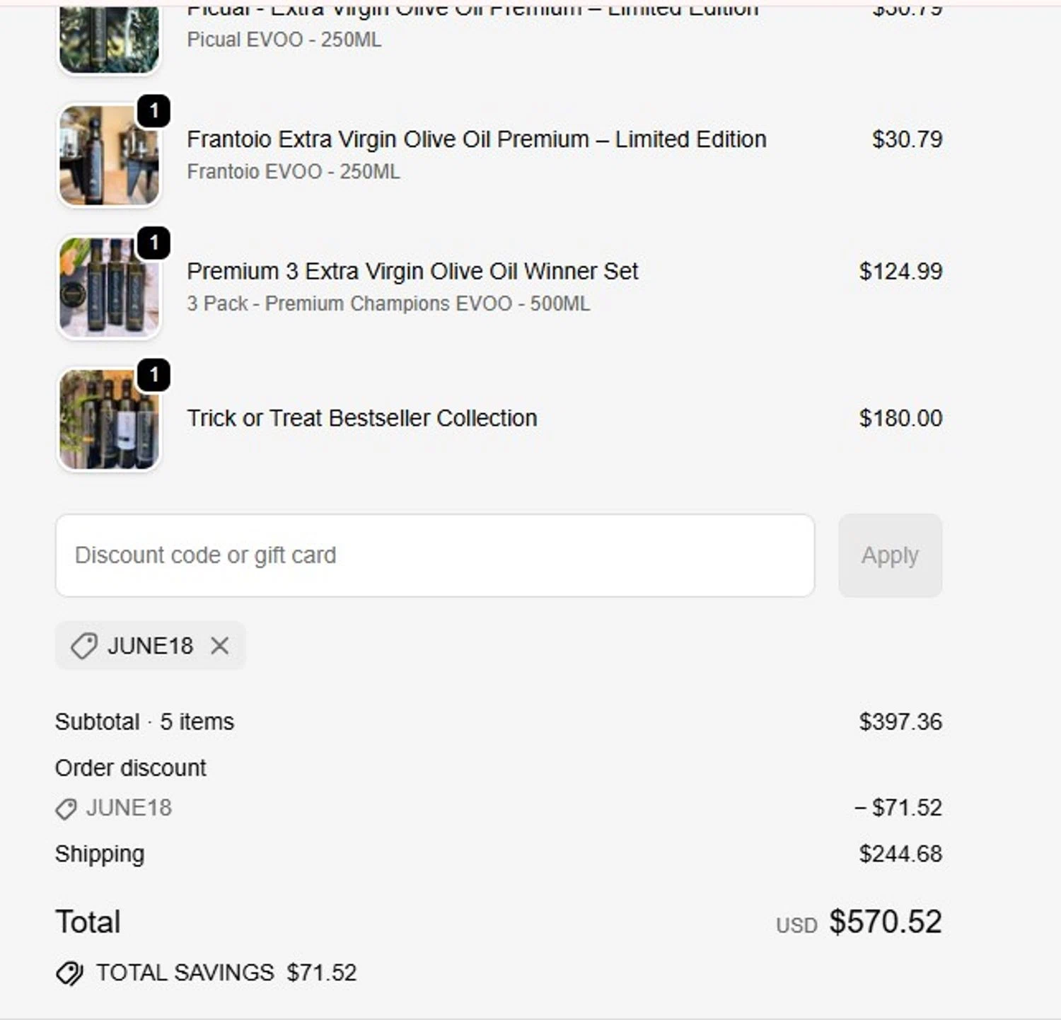 Nuvo Olive Oil promo code screenshot showing code JUNE18 applied at Nuvo Olive Oil checkout page. Uploaded by SimplyCodes community member MoneyFalcon5538 on Dec 6, 2025