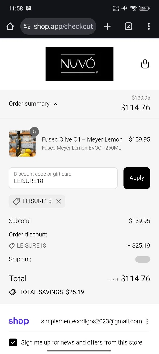 Nuvo Olive Oil promo code screenshot showing code LEISURE18 applied at Nuvo Olive Oil checkout page. Uploaded by SimplyCodes community member Shadowking on Sep 9, 2025