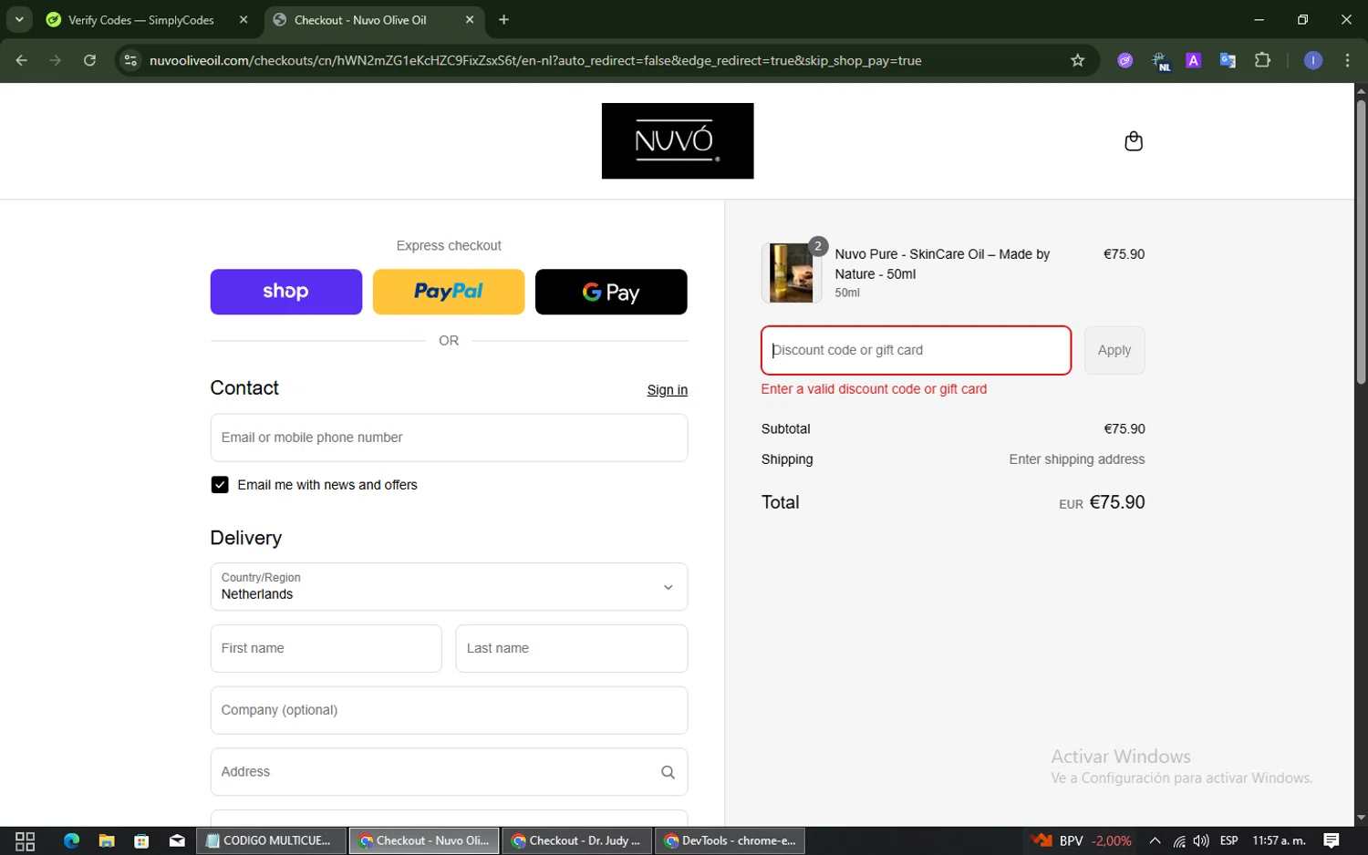 Nuvo Olive Oil promo code screenshot showing code LEISURE18 applied at Nuvo Olive Oil checkout page. Uploaded by SimplyCodes community member SmartMaven8764 on Sep 9, 2025
