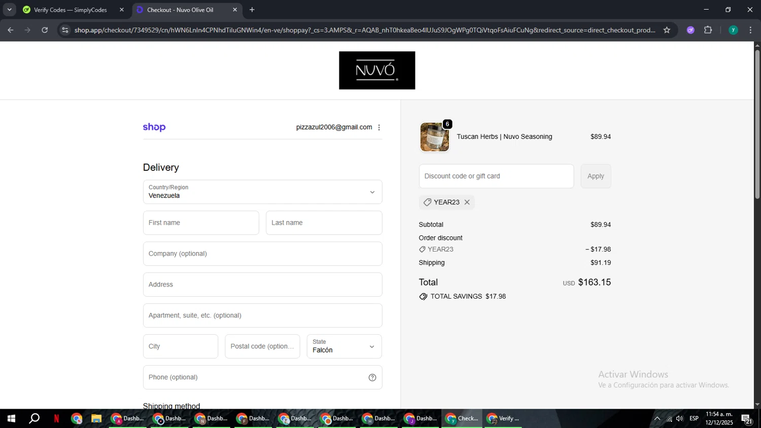 Nuvo Olive Oil promo code screenshot showing code YEAR23 applied at Nuvo Olive Oil checkout page. Uploaded by SimplyCodes community member FrugalCaptain6906 on Dec 12, 2025