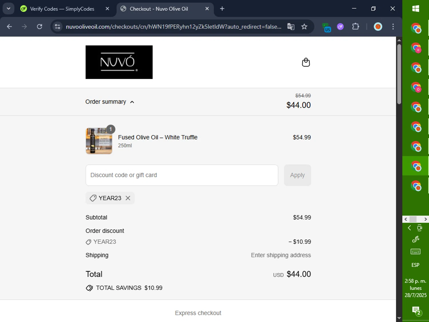 Nuvo Olive Oil promo code screenshot showing code YEAR23 applied at Nuvo Olive Oil checkout page. Uploaded by SimplyCodes community member GoldPilot5958 on Jul 28, 2025