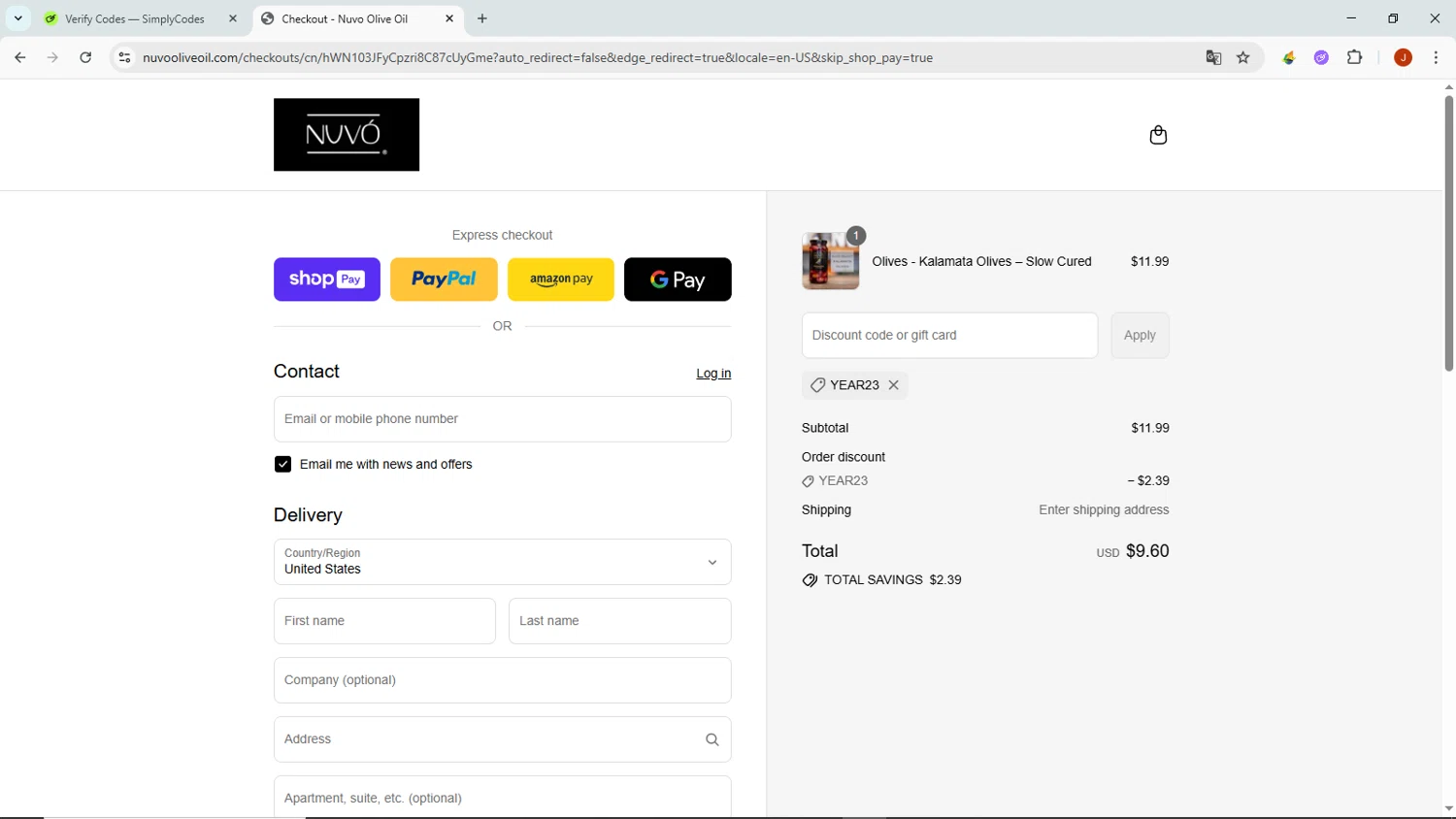 Nuvo Olive Oil promo code screenshot showing code YEAR23 applied at Nuvo Olive Oil checkout page. Uploaded by SimplyCodes community member NobleMaven802 on Jul 24, 2025
