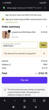 Never Fully Dressed US coupon verification screenshot