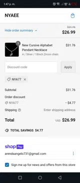 NYA77 coupon verification screenshot