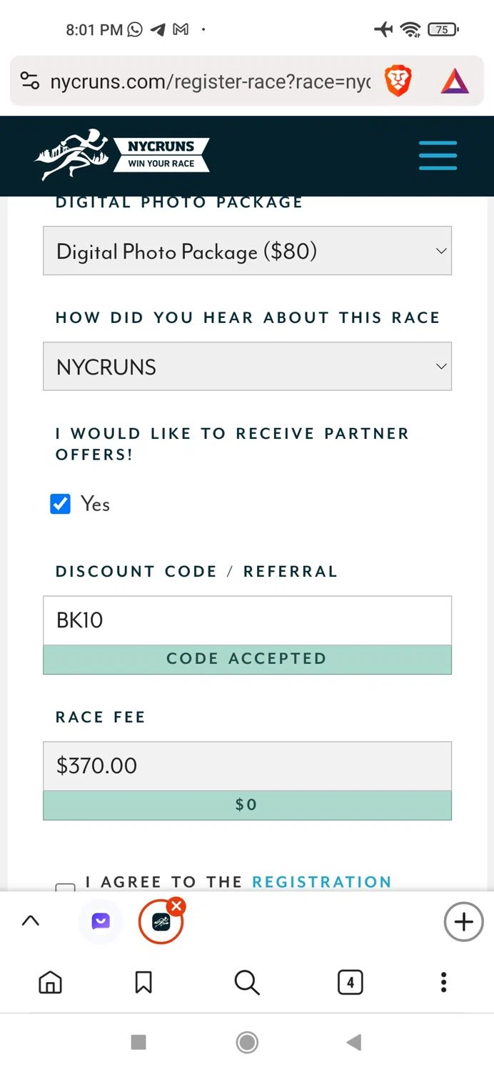 NYCRUNS checkout page showing NYCRUNS discount code box | Screenshot taken by SimplyCodes community member on Feb 15, 2024